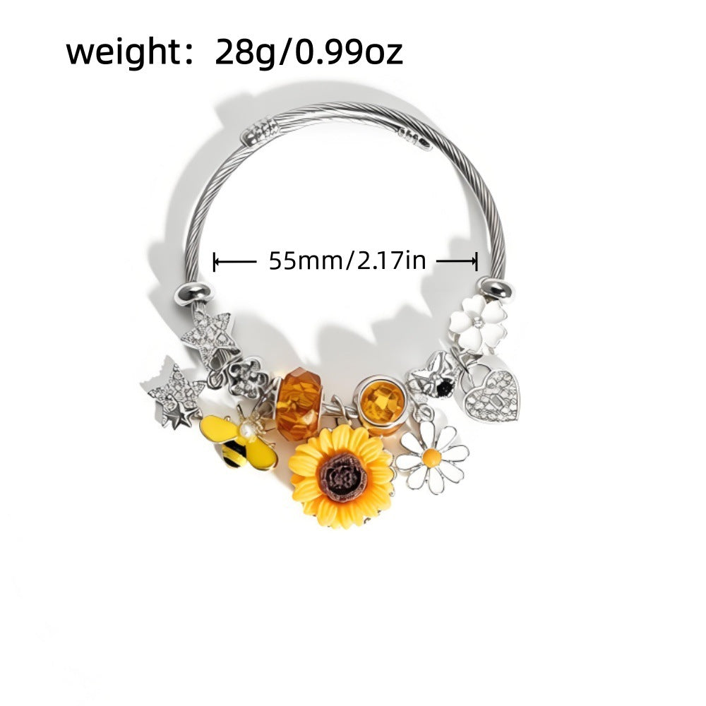 Wholesale Sunflower Bee Adjustable Open Cuff Bracelet Stainless Steel Nature Theme Fashion Accessory Boutique Resale Jewelry