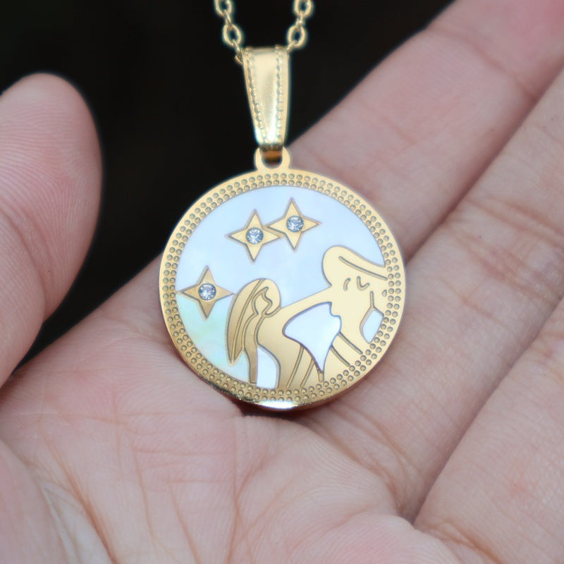 Wholesale Zodiac Diamond Round Shell Stainless Steel Pendant Necklace 18K Gold Plated