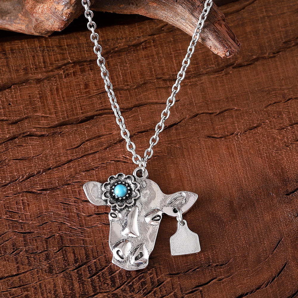 Wholesale Bohemian-style bull skull pendant necklace;  turquoise inlay;  premium vintage-style piece