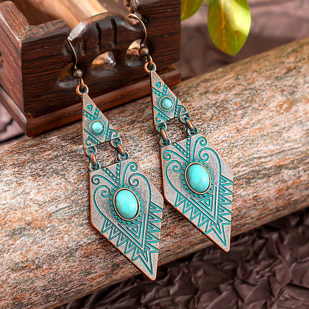 Wholesale Bohemian Turquoise Geometric Metal Texture Earrings Fashion Accessory for Party Boutique Resale