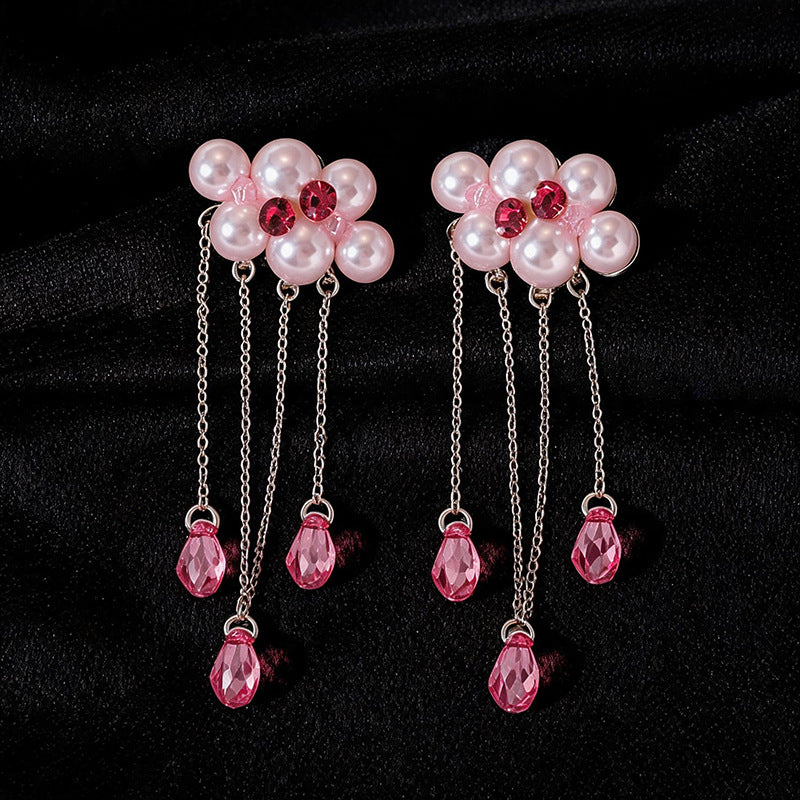 Wholesale Chic Round Geometric Pearl Tassel Earrings For Women Pink Alloy Rhinestone Stud Earrings Fashion Jewelry Accessory