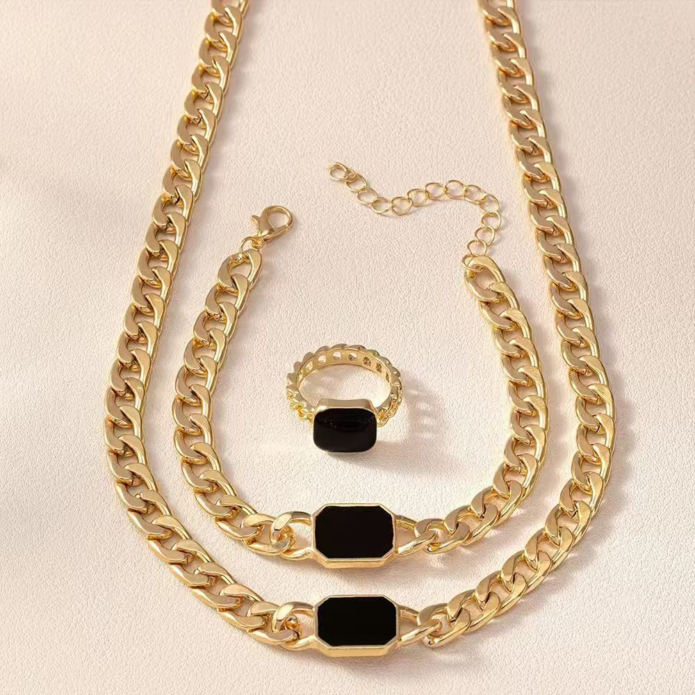 Wholesale Modern Geometric Square Cuban Chain Jewelry Set In Black Alloy Electroplated Fashion Accessory For Resale