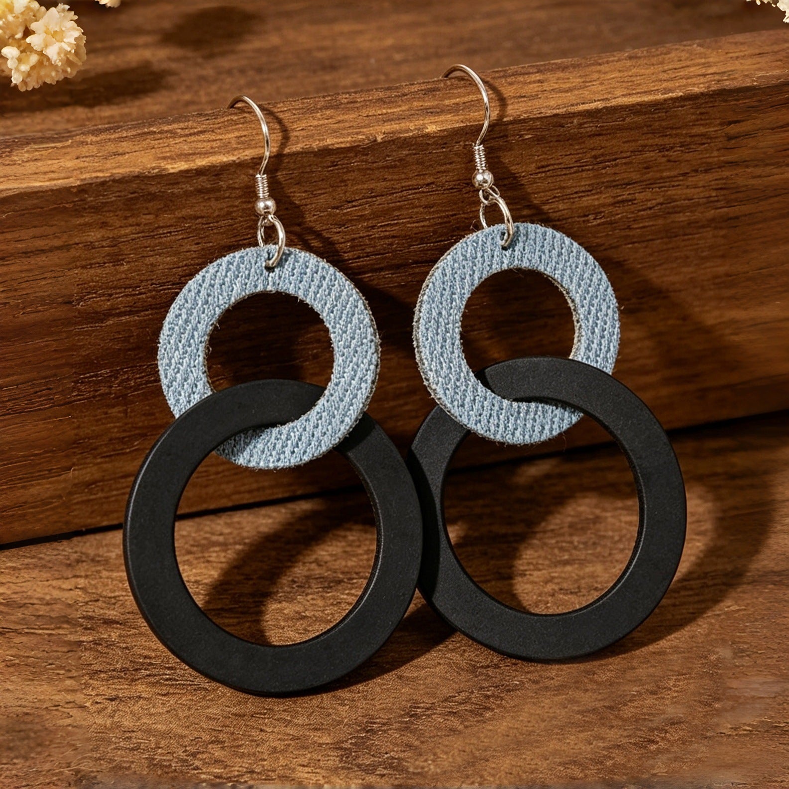 Wholesale Retro Bohemian Double Ring Black Wood Drop Earrings Denim Print Contrast Color Fashion Jewelry Accessory