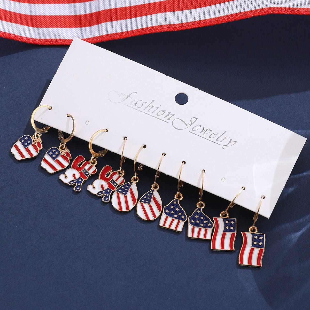 Wholesale Independence Day Red, White Blue, American Flag Hat, Apple Waterdrop Pendant Earrings Set