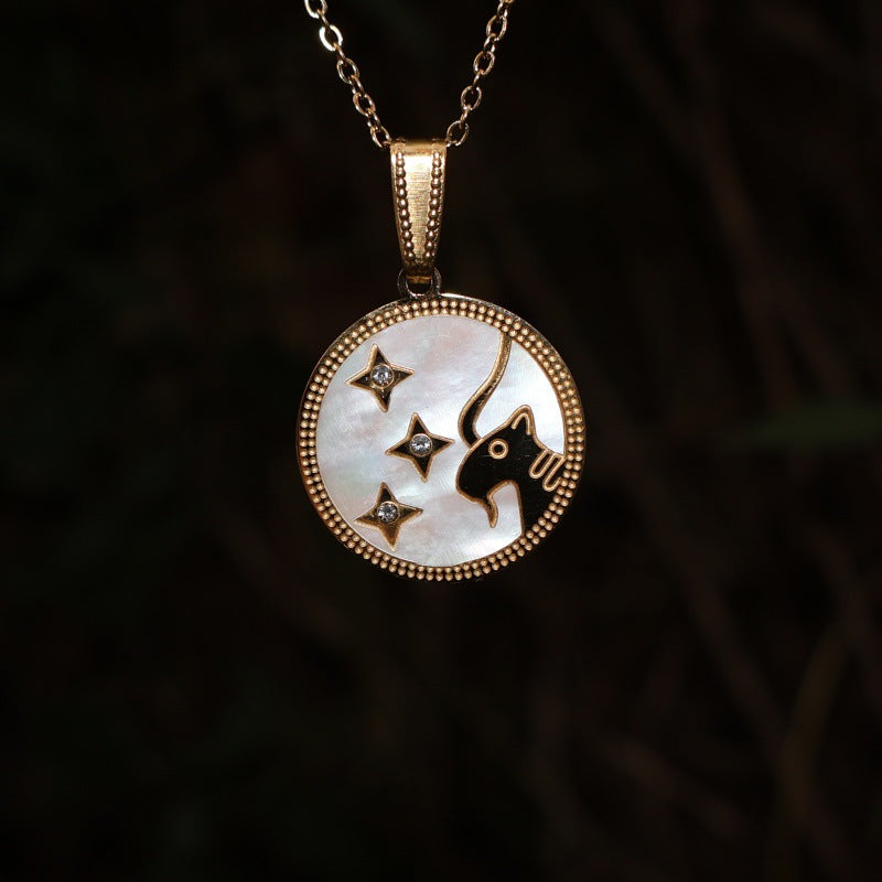 Wholesale Zodiac Diamond Round Shell Stainless Steel Pendant Necklace 18K Gold Plated