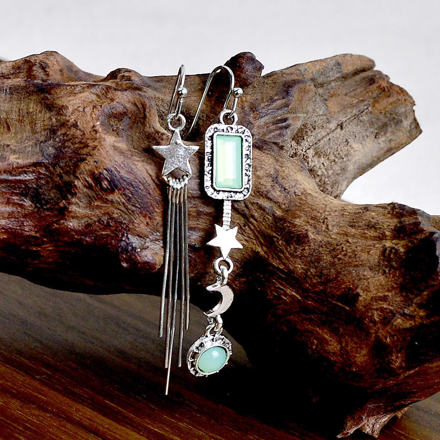 Wholesale Vintage Long Earrings With Star and Moon Motifs and Gemstone Tassels