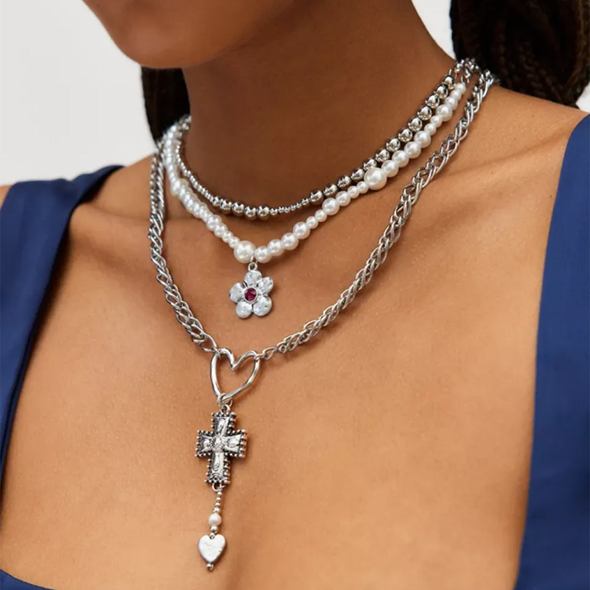 Wholesale Double Layer Cuban Chain Cross Pendant Necklace Zinc Alloy Electroplated Hip Hop Style Fashion Accessory for Men