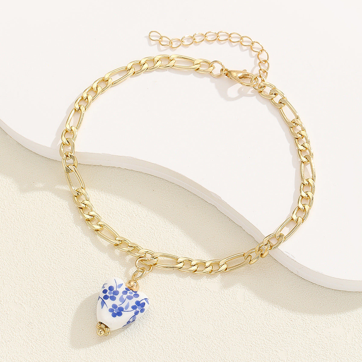 Wholesale Vintage love blue and white porcelain pendant stainless steel single-layer anklet