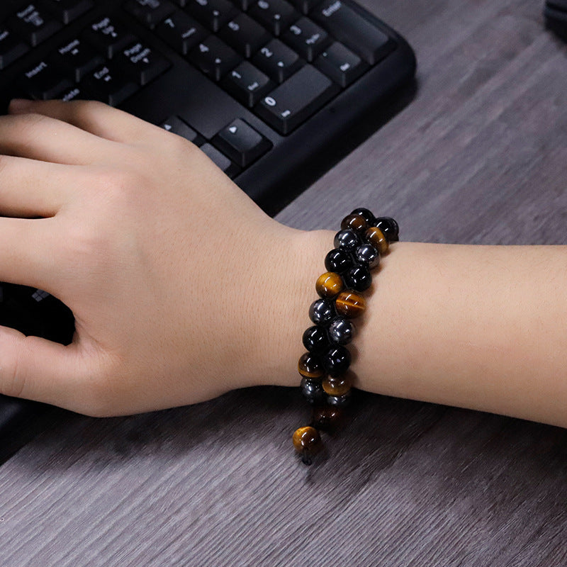Wholesale Volcanic Stone Handwoven Beaded Glossy Tiger Eye Double Layer Bracelet ACC-BT-Ruyue004