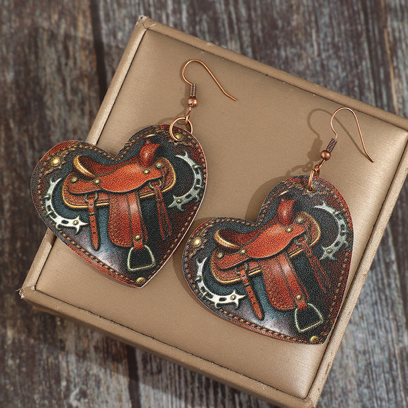 Wholesale Leather Retro Saddle Print Heart Earrings Western Style Fashion Accessory