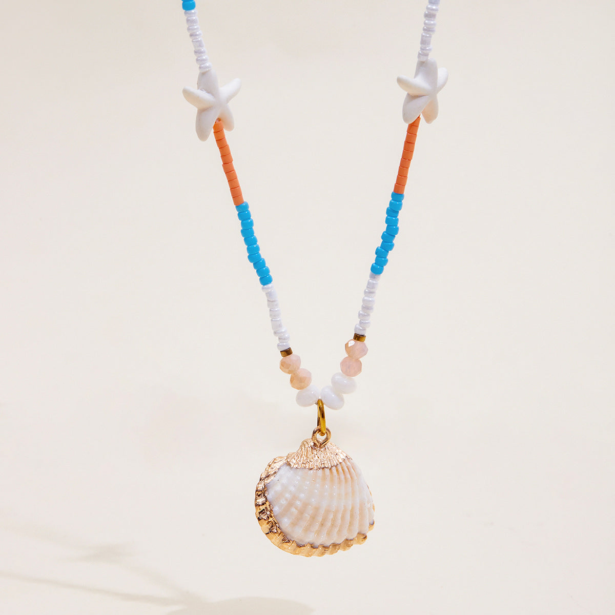 Wholesale 18K Gold Stainless Steel Rice Pearl Shell Pendant Orange Blue Rice Pearl Starfish Necklace