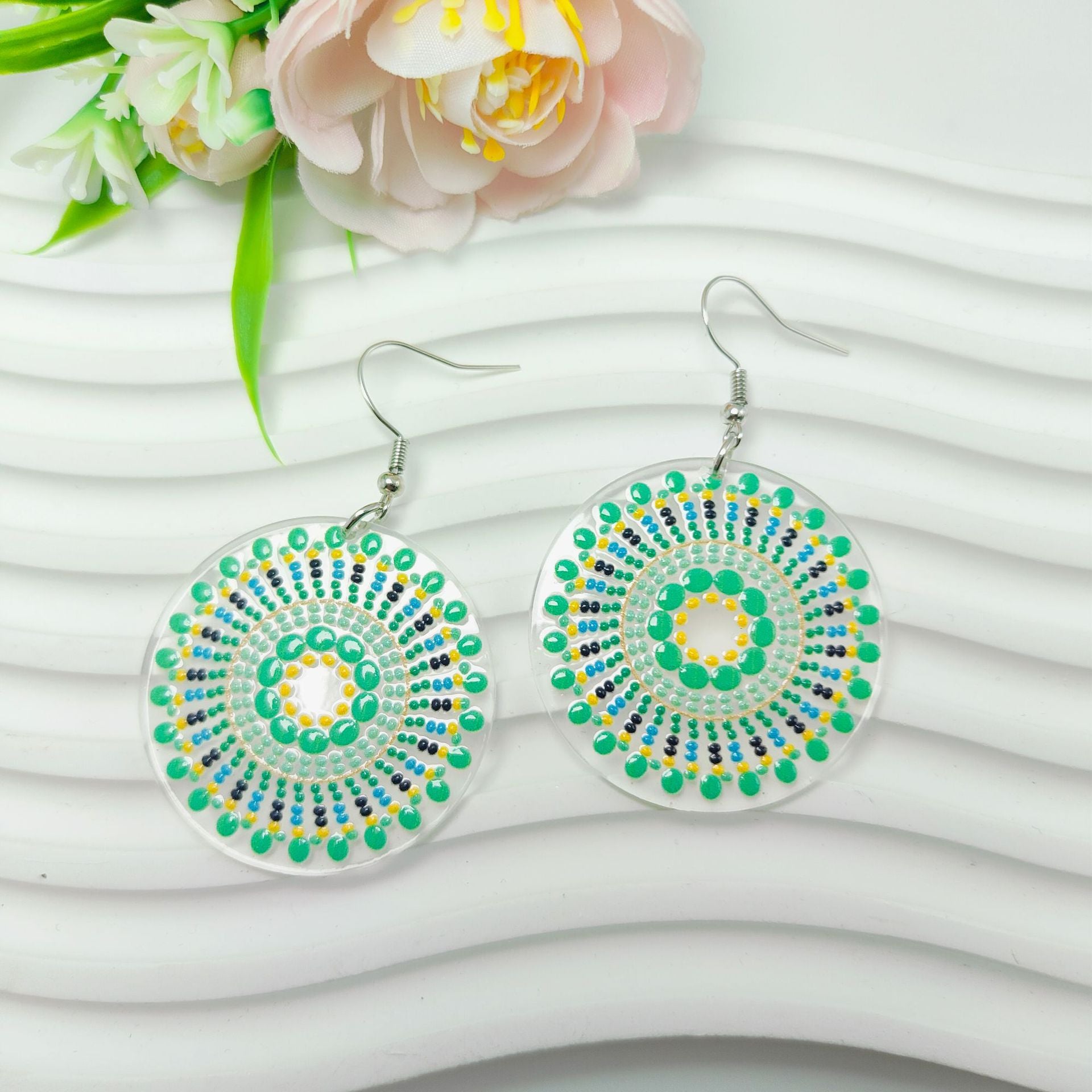 Wholesale Ethnic Style Geometric Color Polka Dot Print Bohemian Style Acrylic Earrings ACC-ES-Qiyu022