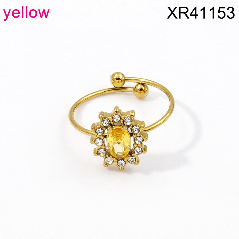 Wholesale Adjustable Flower Design Stainless Steel Open Ring with Colored Gemstones Fashion Jewelry Accessory