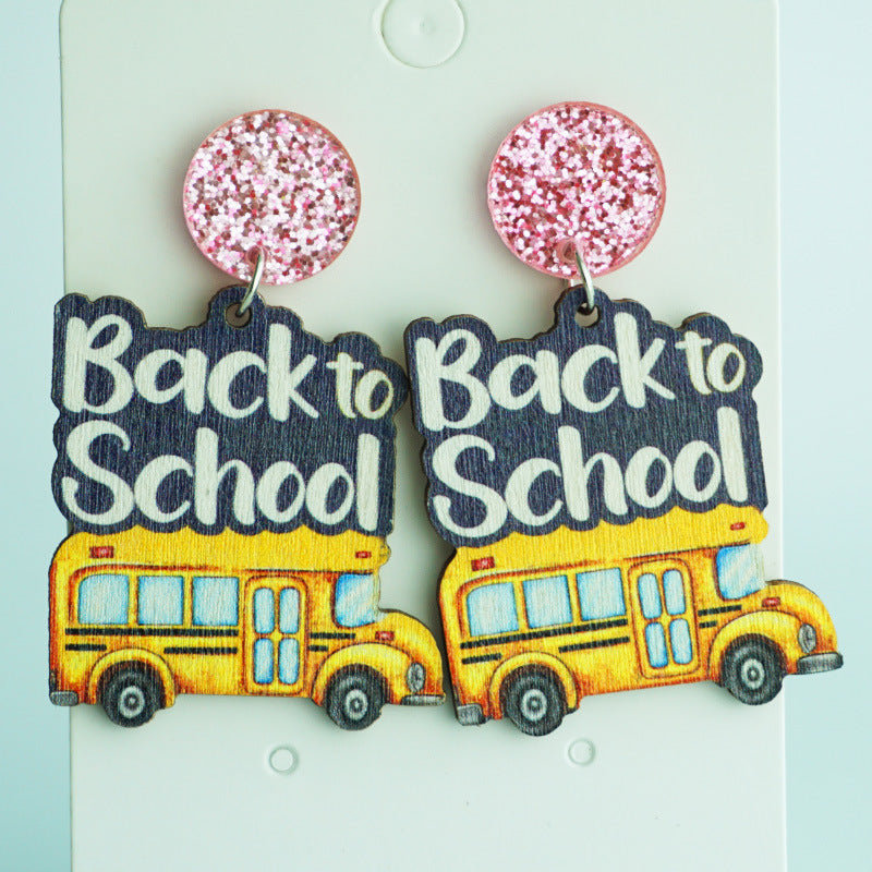 Wholesale 2 Pairs/Pack Back To School Season Shiny Pencil School Bus Tie-Dye Love Wood Earrings ACC-ES-HY097