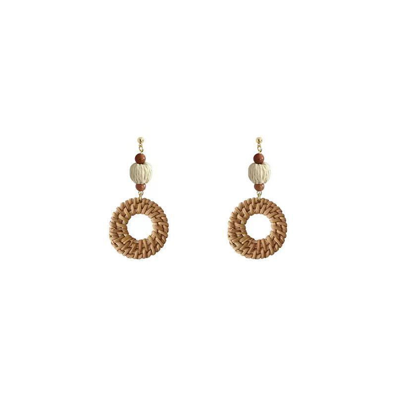 Wholesale Retro Forest-Style Handwoven Rattan Earrings — Summer Bohemian Vacation-Style Statement Jewelry ( Face-Slimming Effect)