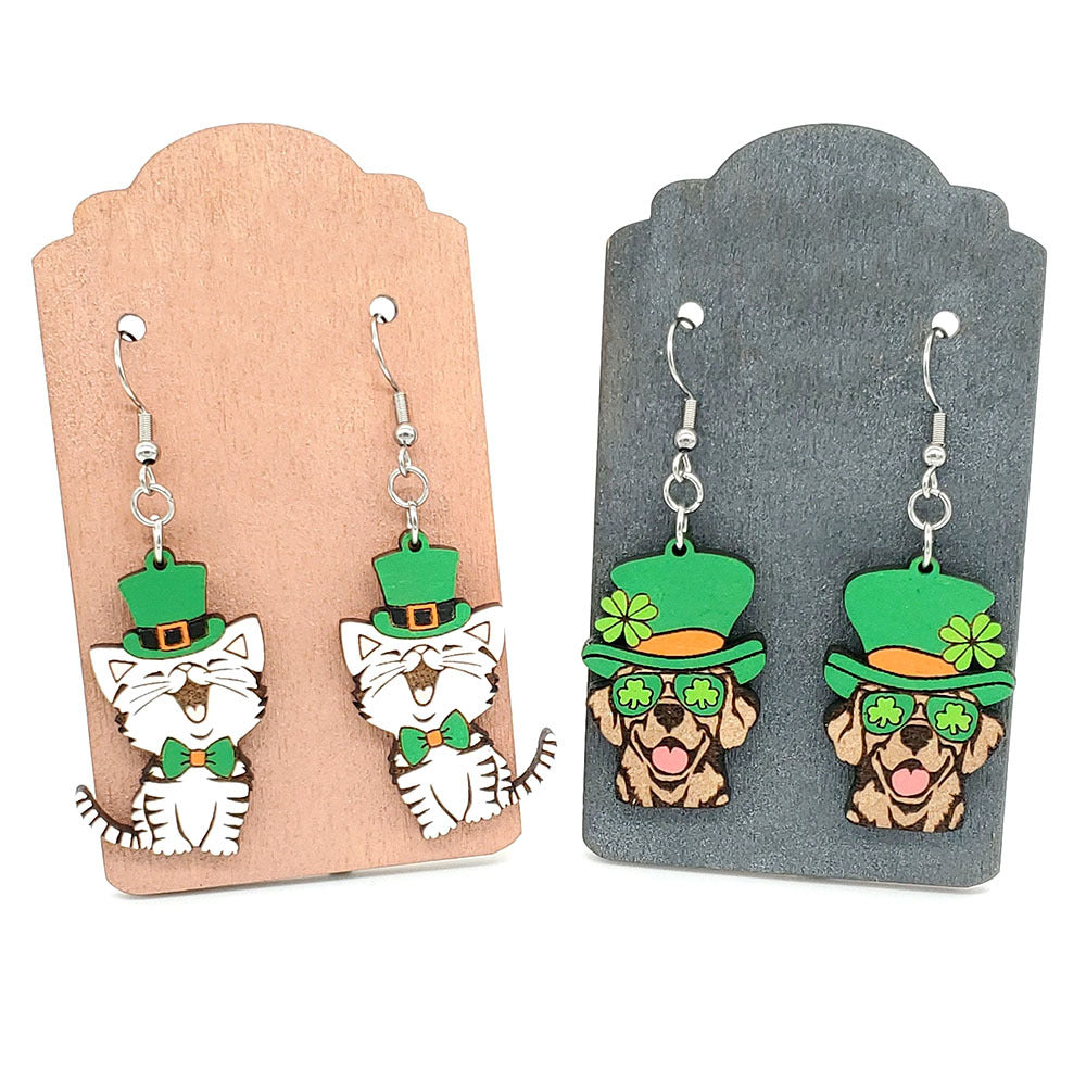 Wholesale 5pcs St. Patrick's Day Dog Cat Wooden Earrings
