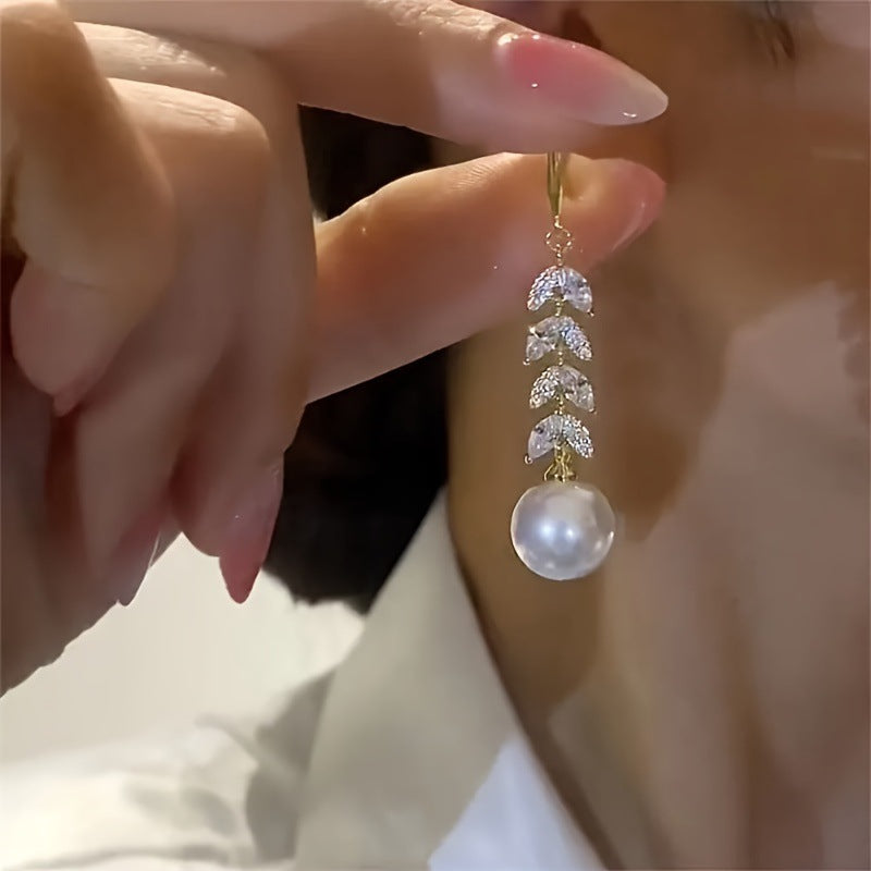 Wholesale  Light Luxury Flash Full Diamond Pearl Gold  Long Tassel Earrings