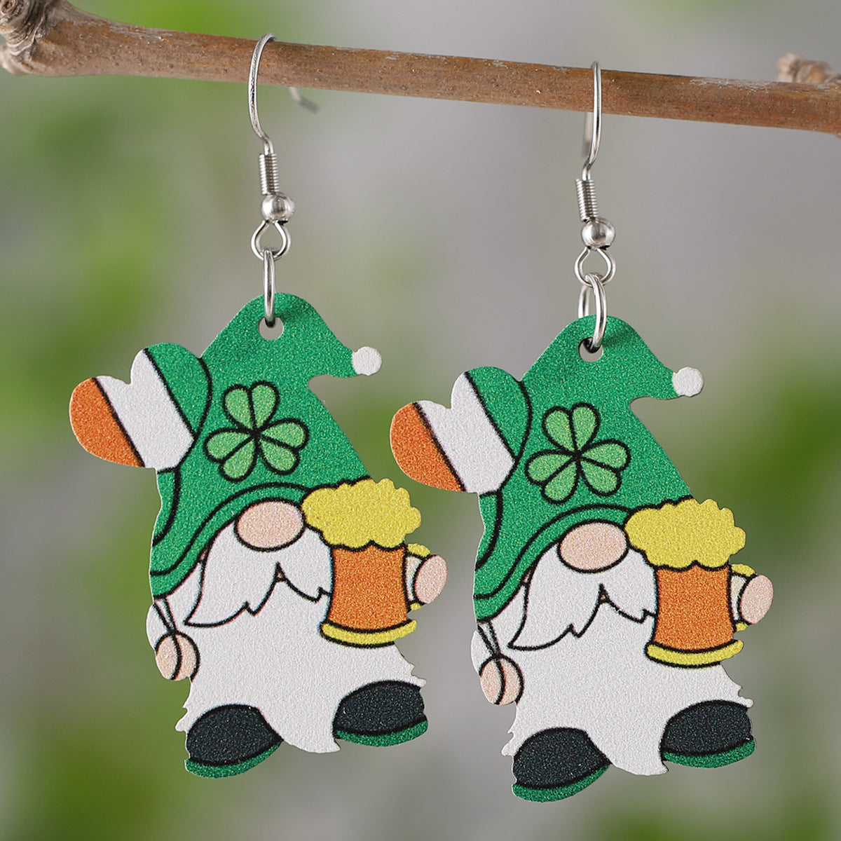 Wholesale St Patrick's Day Clover coffee cup ice cream wooden double-sided earrings