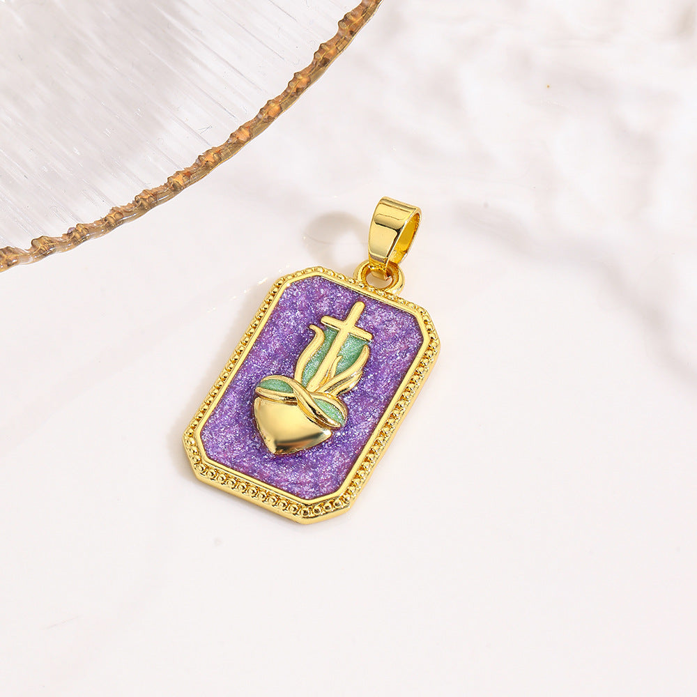 Wholesale square color dripping copper love conch shell eye moon jellyfish tarot pendant necklace