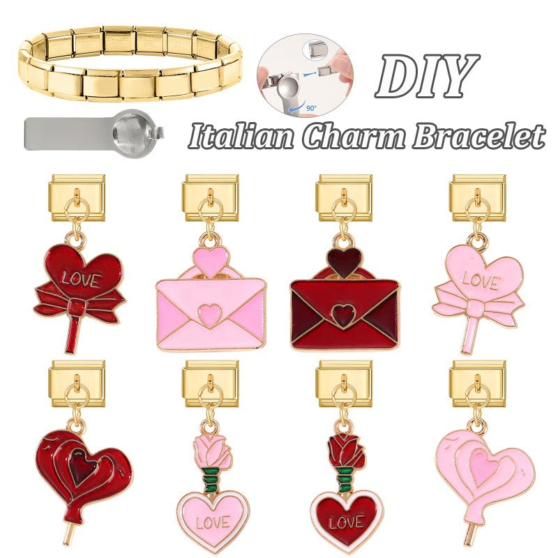 Wholesale Italian Charm Bracelet 9mm DIY Splicing Gold Heart Envelope Series Stainless Steel Composable Bracelet