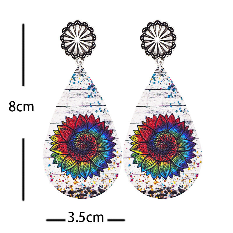 Wholesale Western Denim distressed style sunflower leather earrings