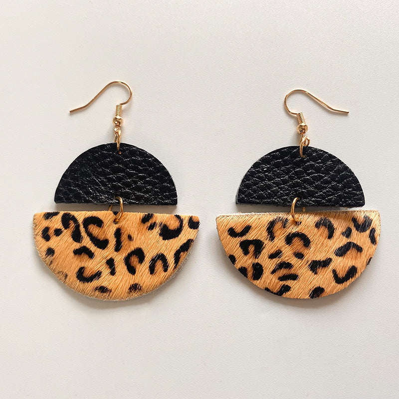 Wholesale 3 pairs/  pack leather and leopard print patchwork horsehair earrings vintage style