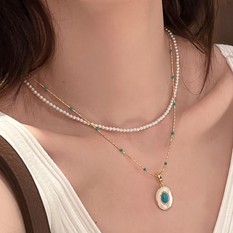 Wholesale Handmade Turquoise Pearl Layered Necklace Fashion Jewelry Accessory