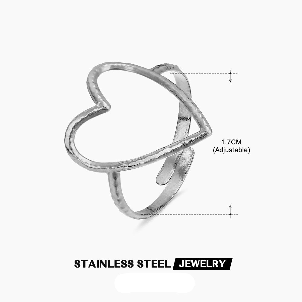 Wholesale Exaggerated Stainless Steel Love Heart 8K Gold Plated Open Adjustable Ring