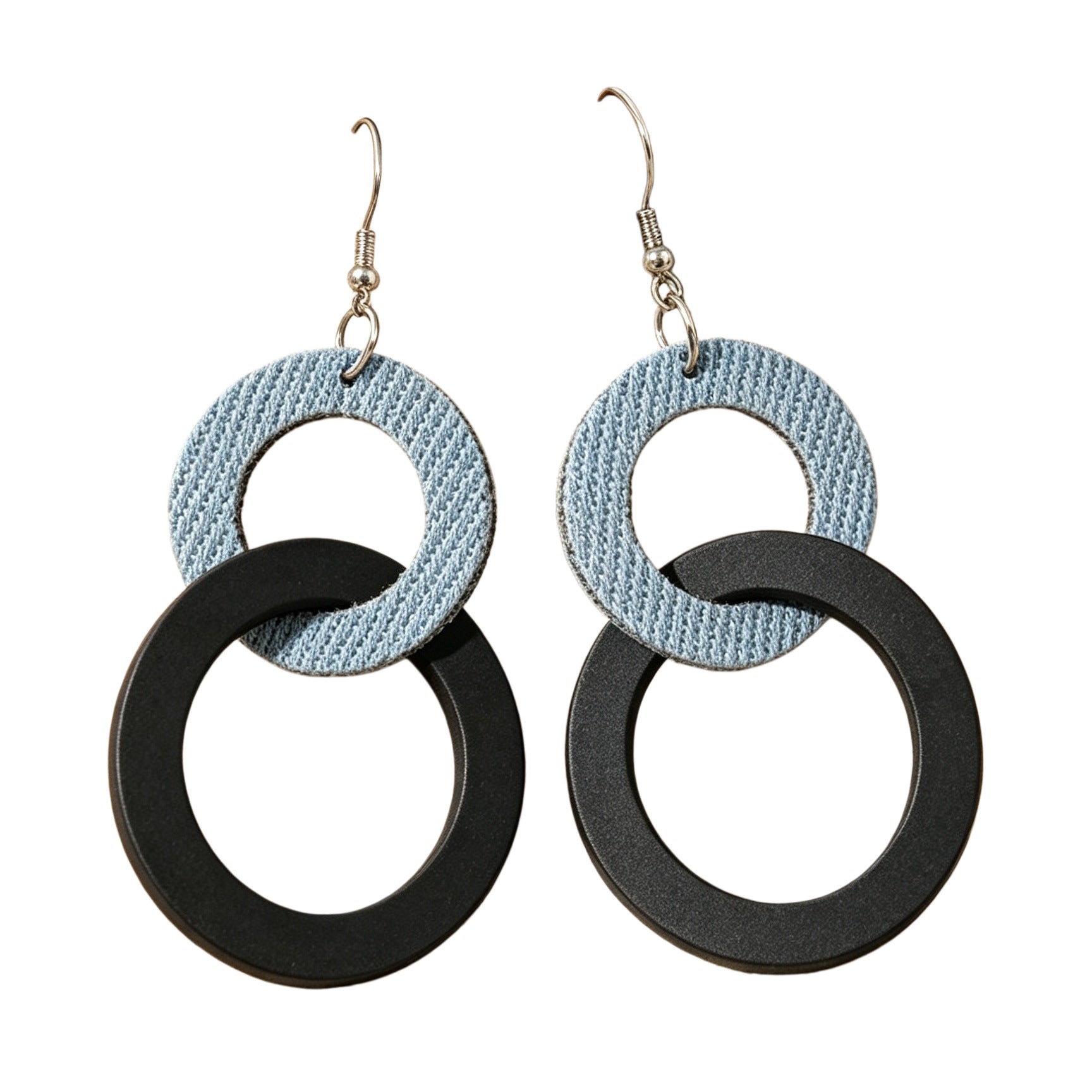 Wholesale Retro Bohemian Double Ring Black Wood Drop Earrings Denim Print Contrast Color Fashion Jewelry Accessory