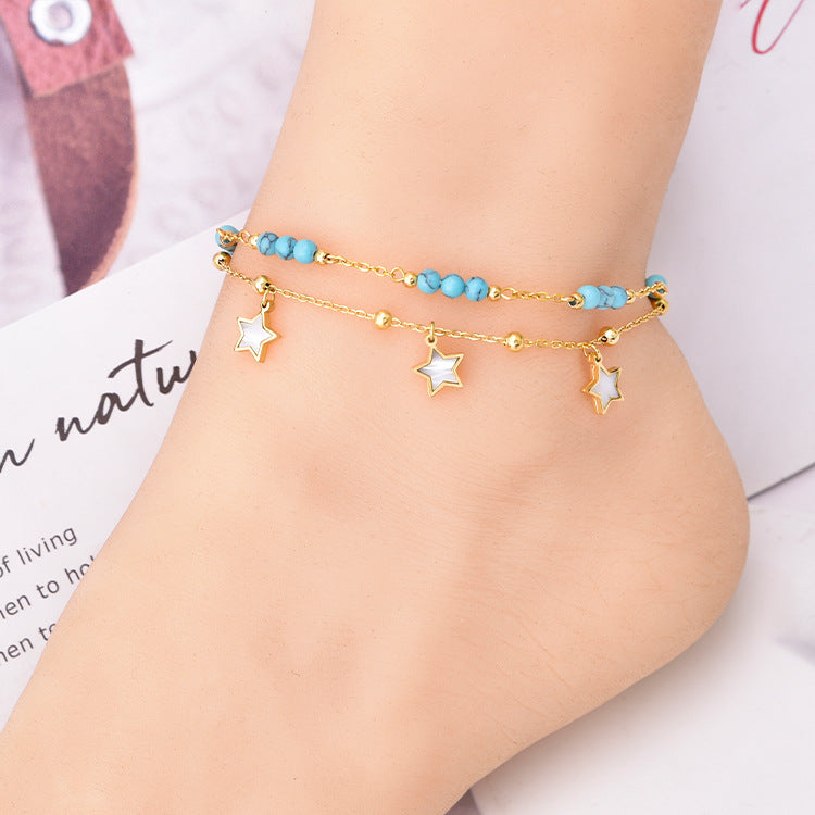 Wholesale double-layer anklet turquoise lucky beads  anklet