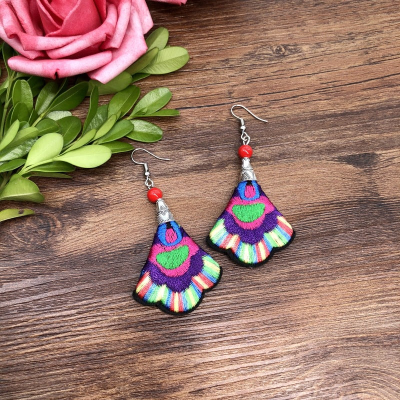 Wholesale Hand Embroidery Vintage Ethnic Style Fabric Earrings Flower Tassels ACC-ES-Luox008