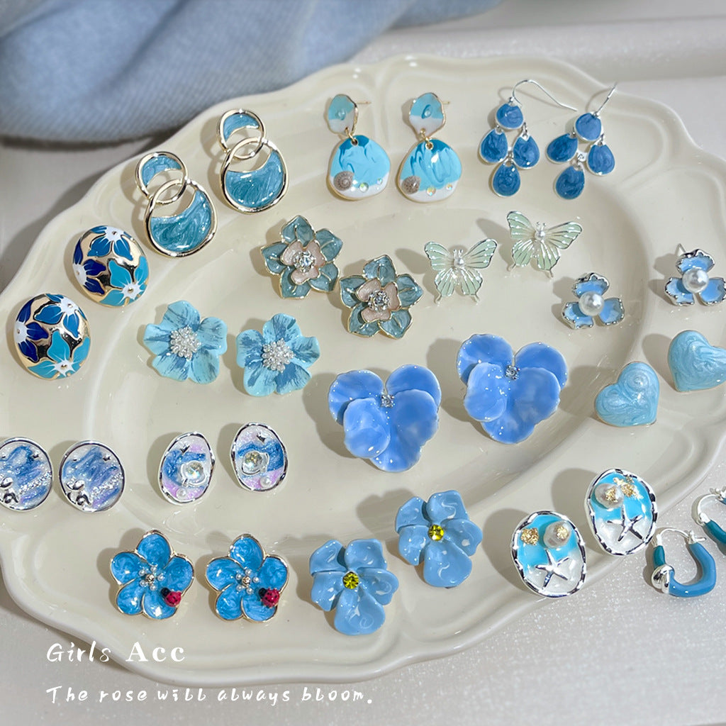 Wholesale Copper Blue Enamel Drip-Glazed Flower Earrings,  Fresh Floral Pearl Studs,  Fashion Accessory