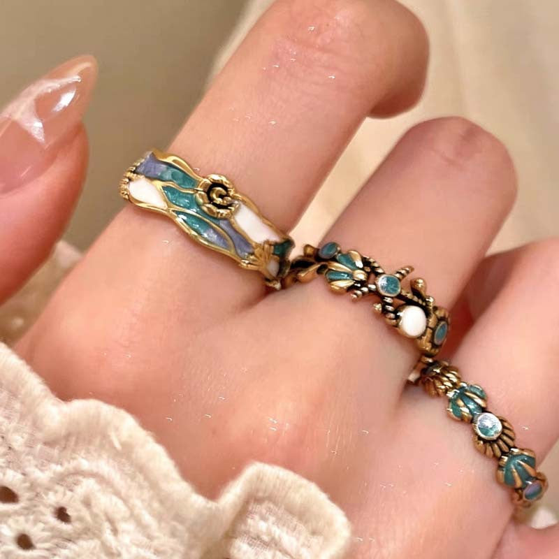 Wholesale Ocean Party Retro Starfish Shell Pearl Enamel Women S Adjustable Stacking Ring Jewelry Accessory