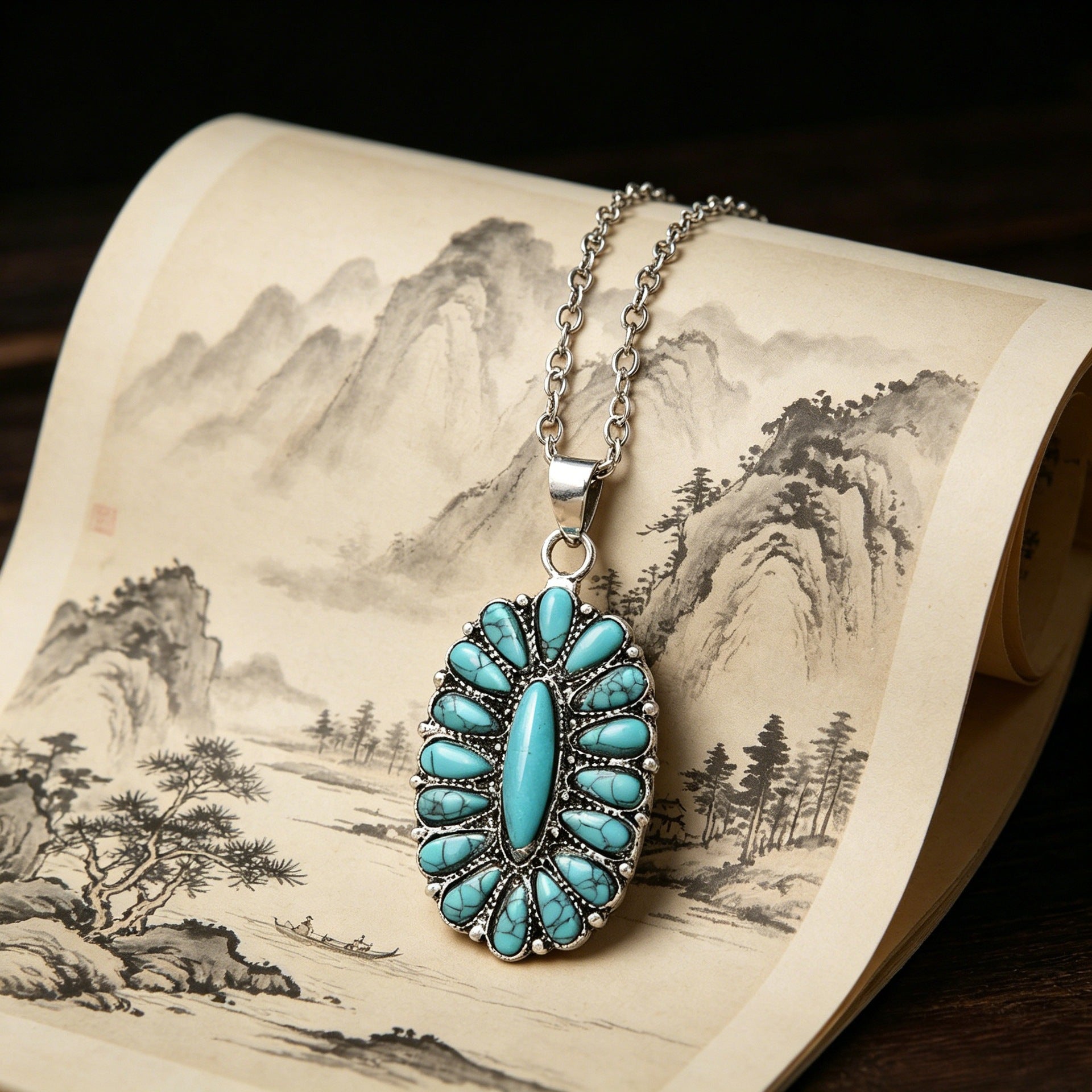 Wholesale Electroplated Silver Tone Alloy Turquoise Pendant Necklace Vintage Western Ethnic Fashion Jewelry