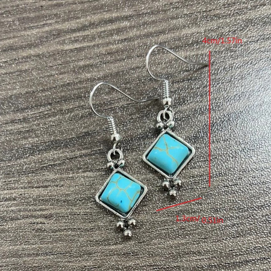Wholesale Lucky Bag-Shaped Silver Edge Rhombus Blue Turquoise Alloy Earrings