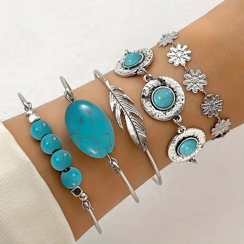 Wholesale Vintage Bohemian Turquoise Inlaid Flower and Feather Bracelet Set
