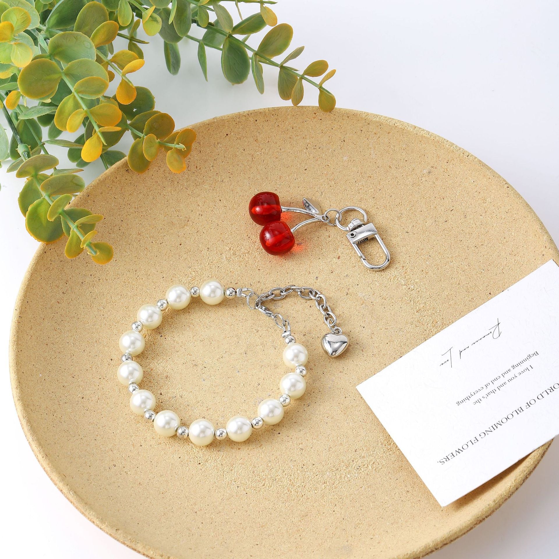 Wholesale Multifunctional Red Cherry Pearl Bracelet Keychains