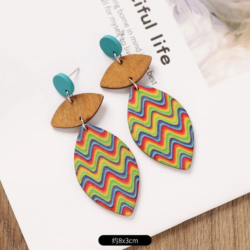 Wholesale Bohemian Wooden Ear Studs Geometric Stripe Ethnic Print Fashion Jewelry Accessory Boutique Gift