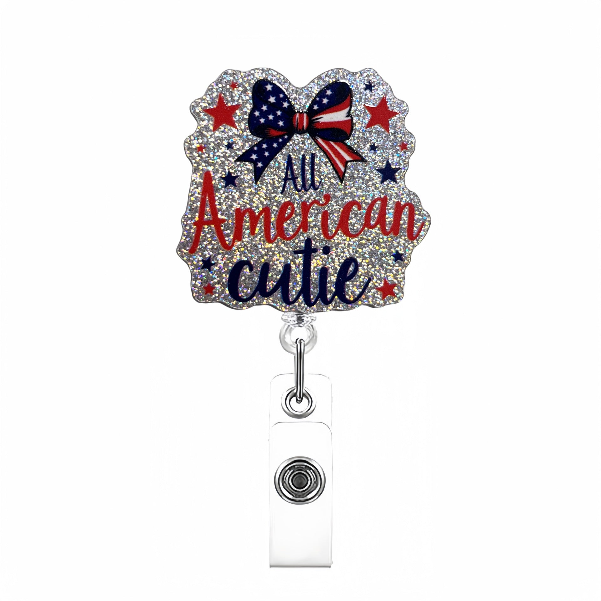 Wholesale Acrylic Glitter Independence Day Badge Reels Keychains