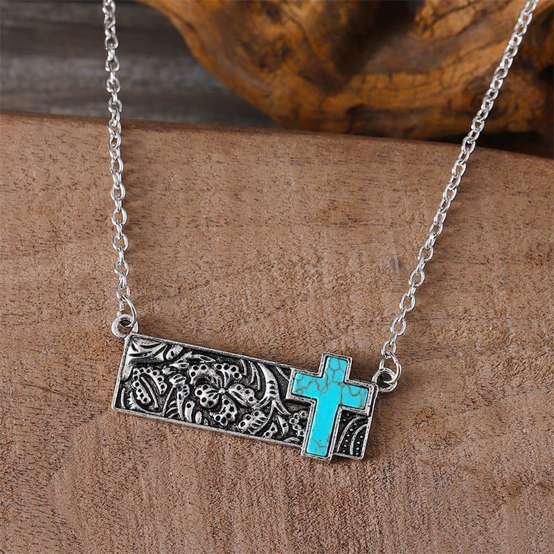 Wholesale retro square turquoise cross necklace bohemian style pendant clavicle chain necklace