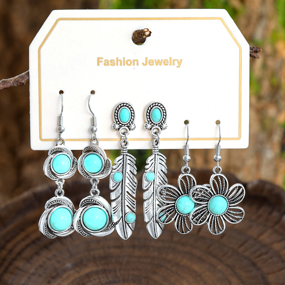 Wholesale European and American Cross-Border Hot Selling New Turquoise Earrings Set Fashion Ethnic Holiday Style Earrings Earrings Manufacturer