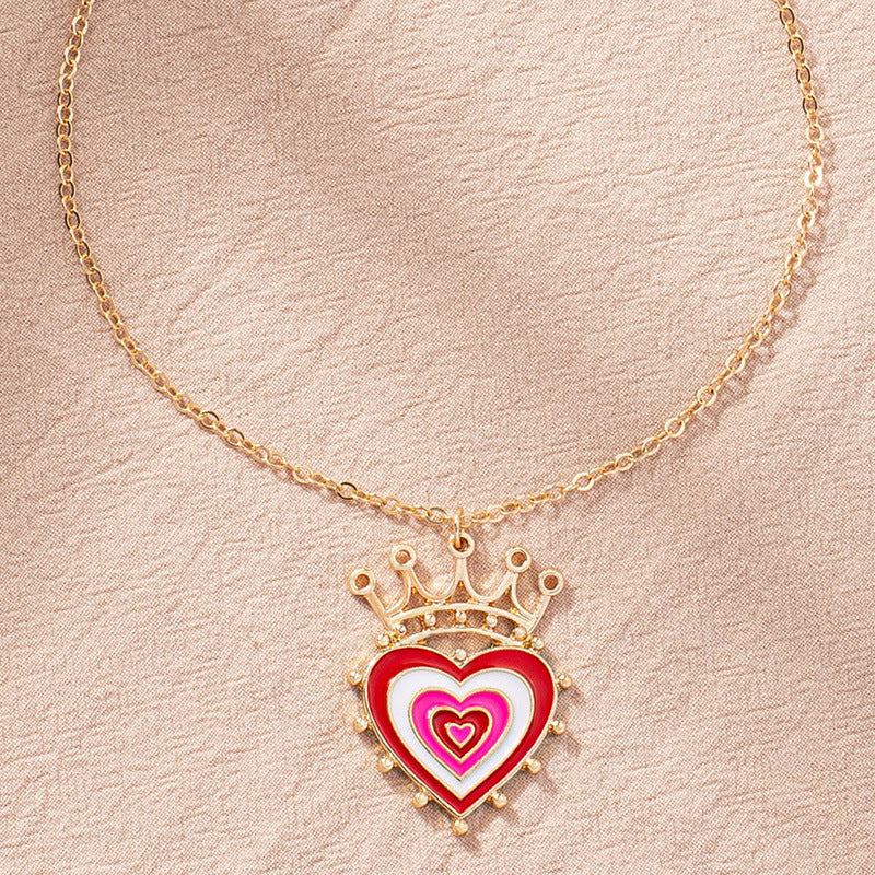 Wholesale New Fashion Simple Heart-Shaped Necklace,  Personalized Retro Oil-Drip Color-Blocking Peach Heart Crown Women' s Pendant