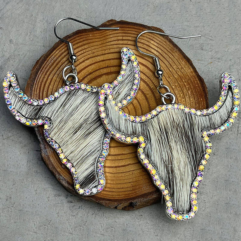 Wholesale 2pcs/ Pack Leather Western Style Rhinestone Bull Head Earrings
