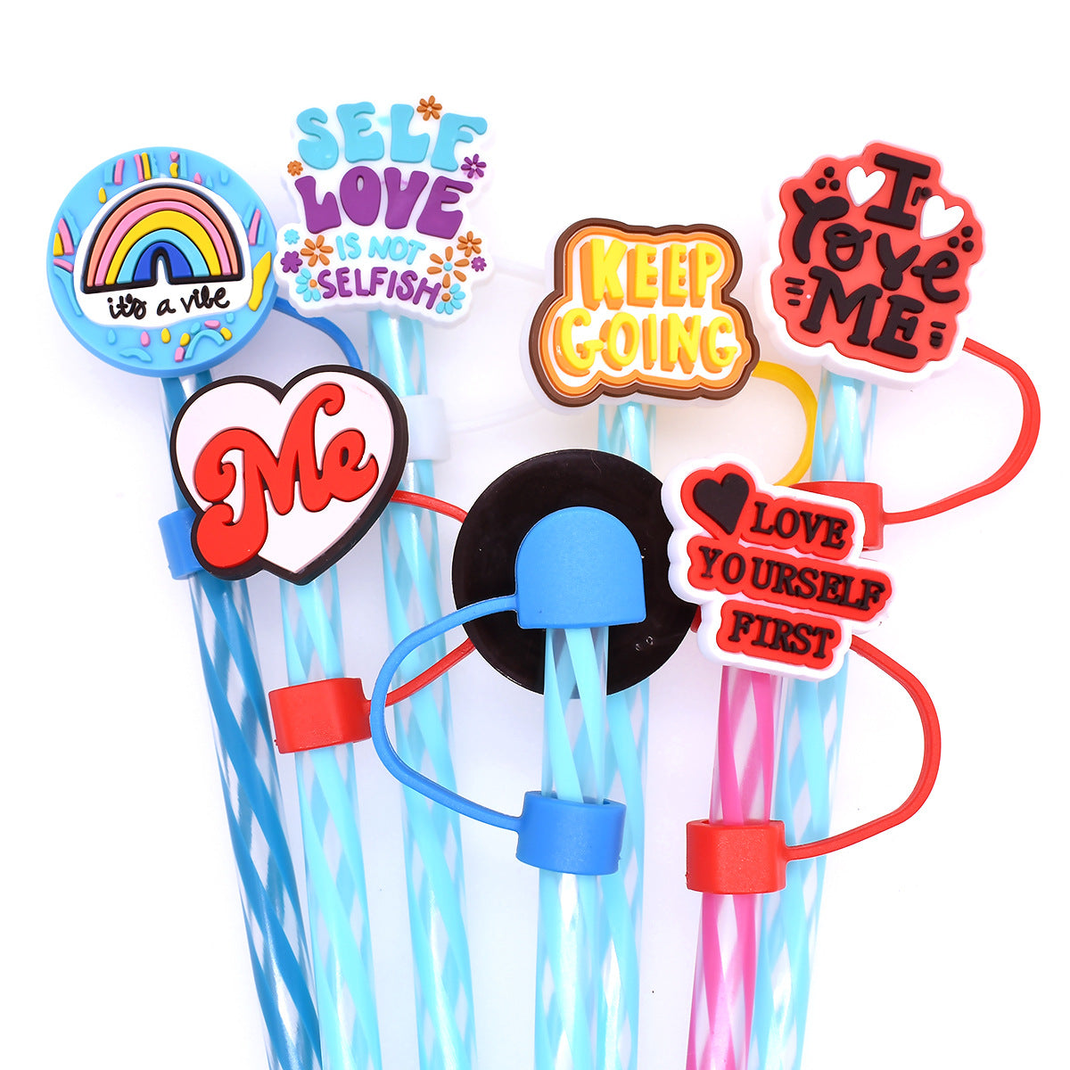 Wholesale Random 100pcs Phrase Series Straw Tube Cap 10mm Soft Glue Straw Decoration Straw Cover ACC-SCR-RYY045