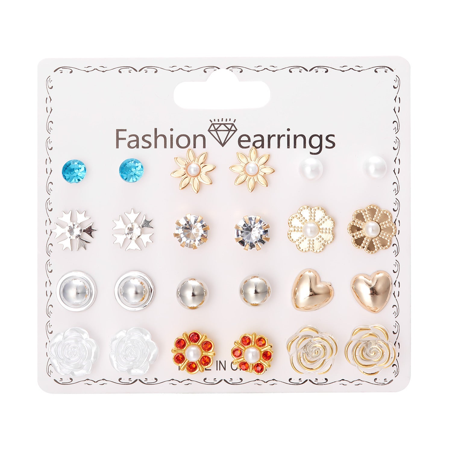 Wholesale December Combination Earrings 12 Pairs Flower Love Strawberry Diamond Earrings Set ACC-ES-Chuya002