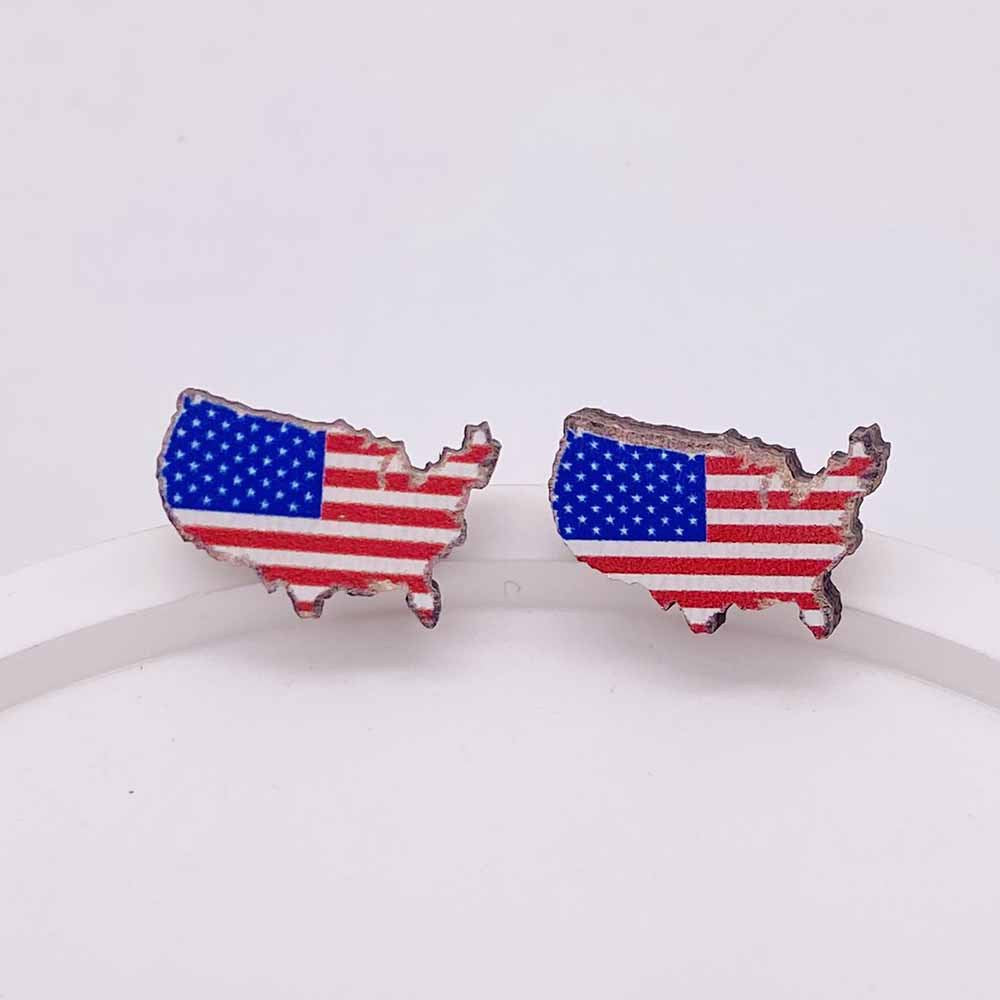 Wholesale American Flag Independence Day Wooden Stud Earrings Heart Shape Pentagram Sunflower Earrings ACC-ES-Cheny007