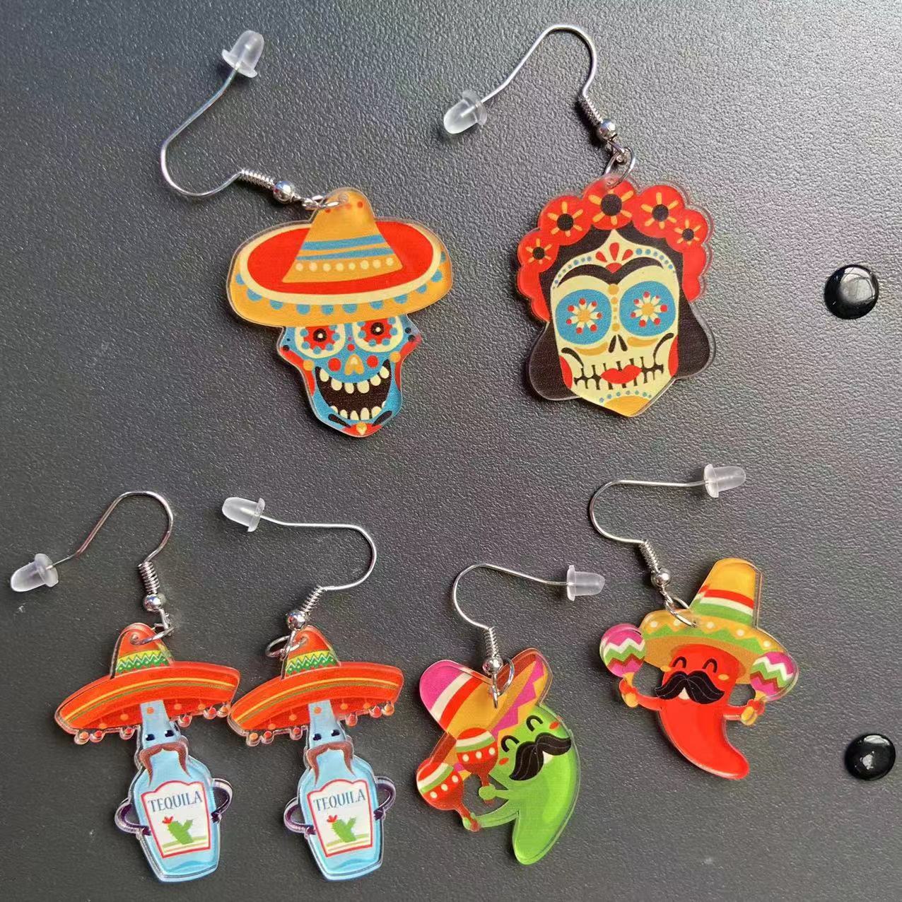 Wholesale Mexican May Day Carnival Chili Rainbow Horse Wine Hat Skull Avocado Acrylic Earrings ACC-ES-XP009