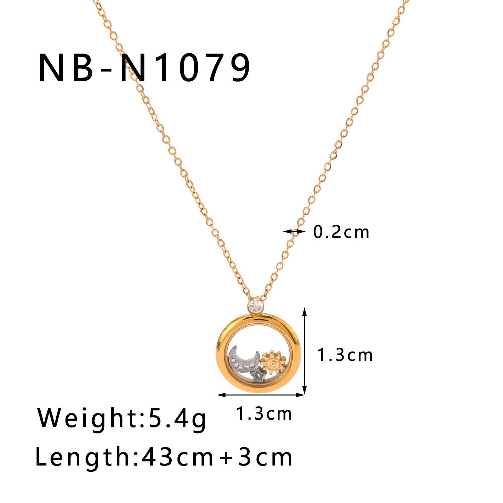 Wholesale Stainless Steel Geometric Round Pendant Plated with 18K Moon and Sun Necklace