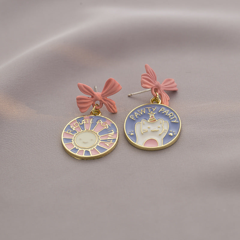 Wholesale Electroplated Alloy Pink Bow Cat Earrings Sweet Fashion Accessory for Girls Gift