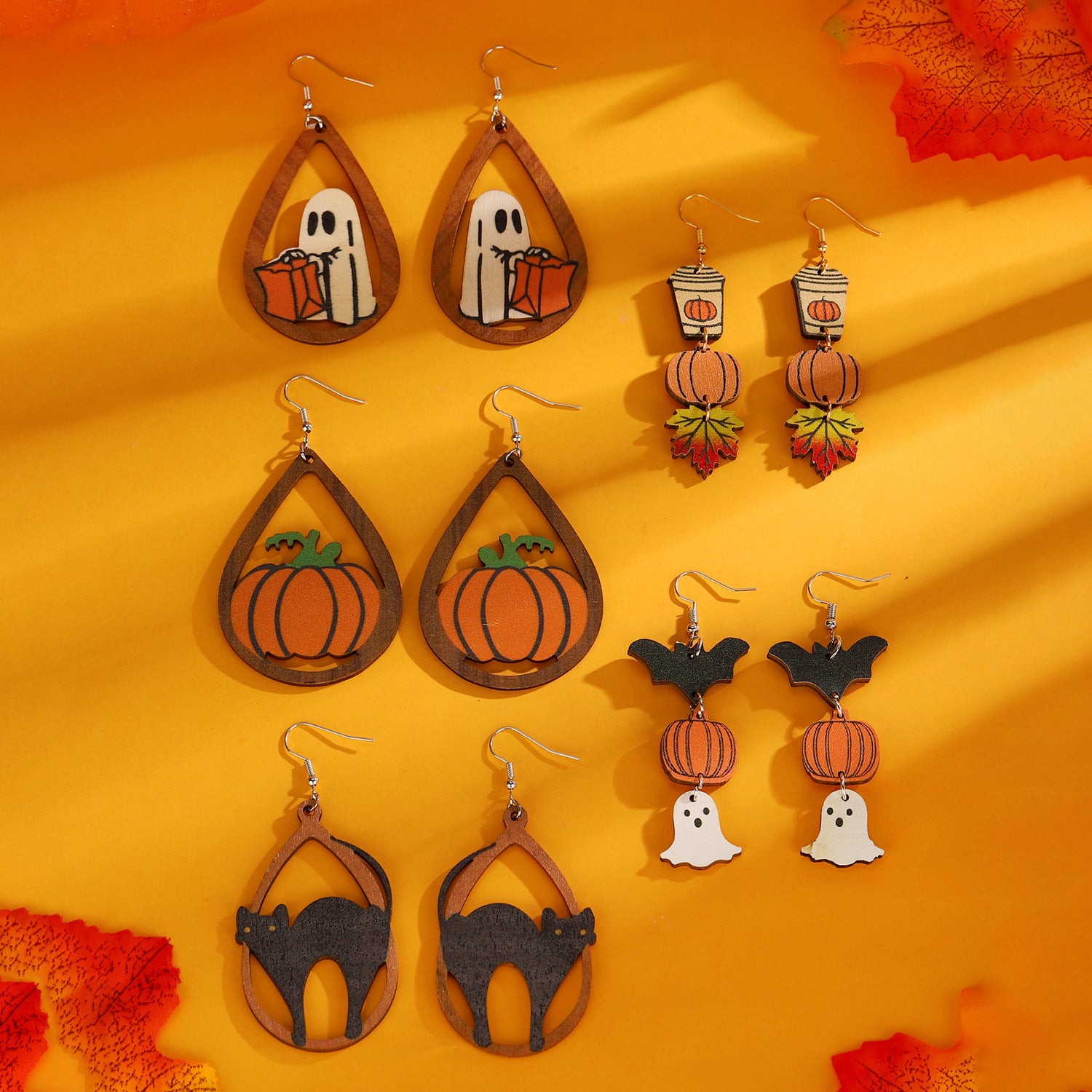 Wholesale Gothic  Wood Drop Earrings Pumpkin Skull Black Cat Ghost Trio Fashion Accessory Gift